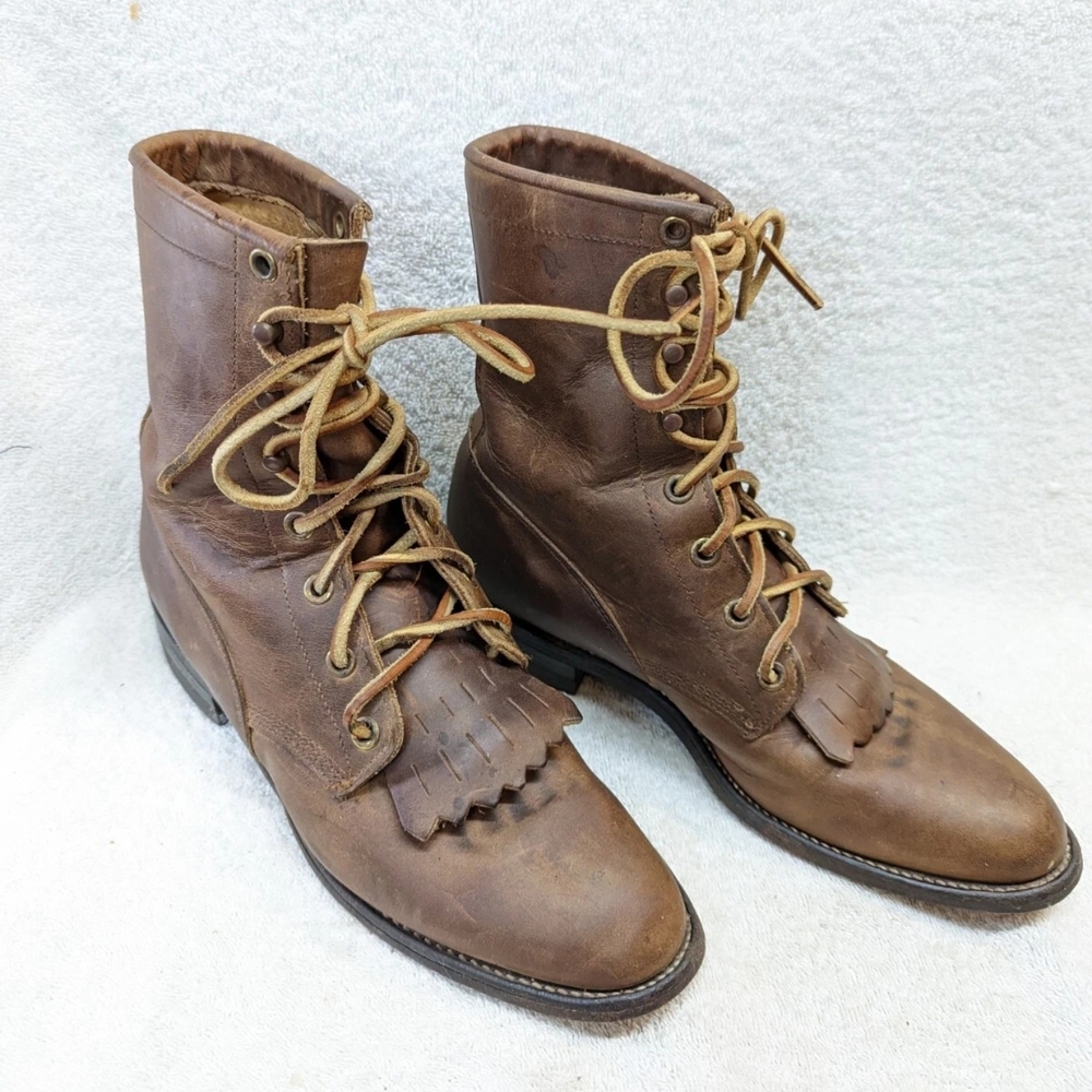 Justin Boots Brown Leather Lace-Up Kiltie Ankle Boots